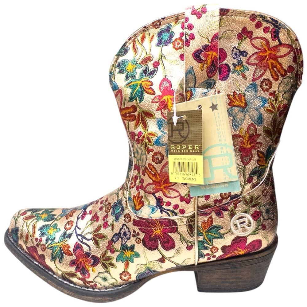 Roper Ingrid Metallic Gold  Floral Snip Toe Women's Western Boots Size 7.5
